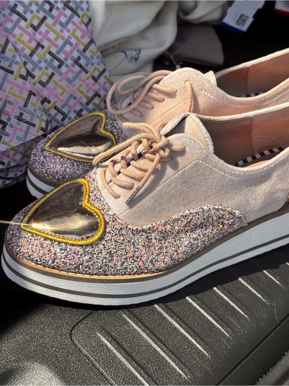 Betsey Johnson Pink Glitter Platform Sneakers with Gold Heart Accent